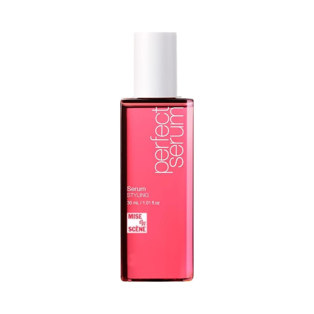 Sérum Capilar Mise en Scène Perfect Serum Styling 30ml em frasco rosa com tampa branca.